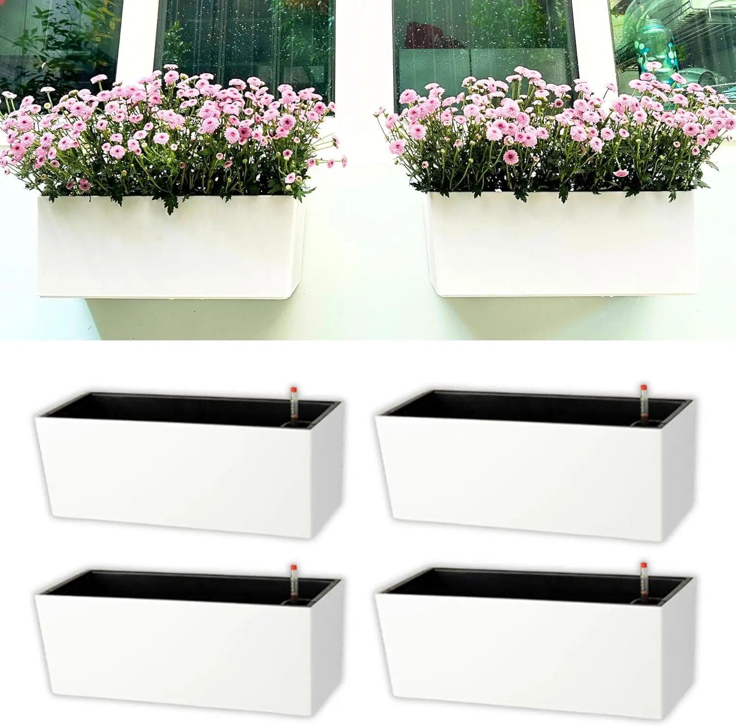 14 Inch Self-Watering Wall Planters 4 Pack White Rectangular Window Boxes for Indoor Outdoor Herbs Flowers