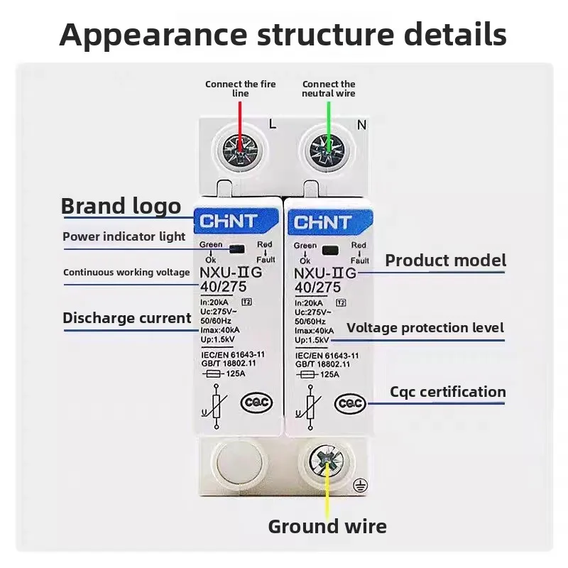 Authentic Chint NXU-IIG 1P/1P+N 40KA/275V SPD Kunlun Series Lightning Arrester 275V for Commercial Building Power Distribution