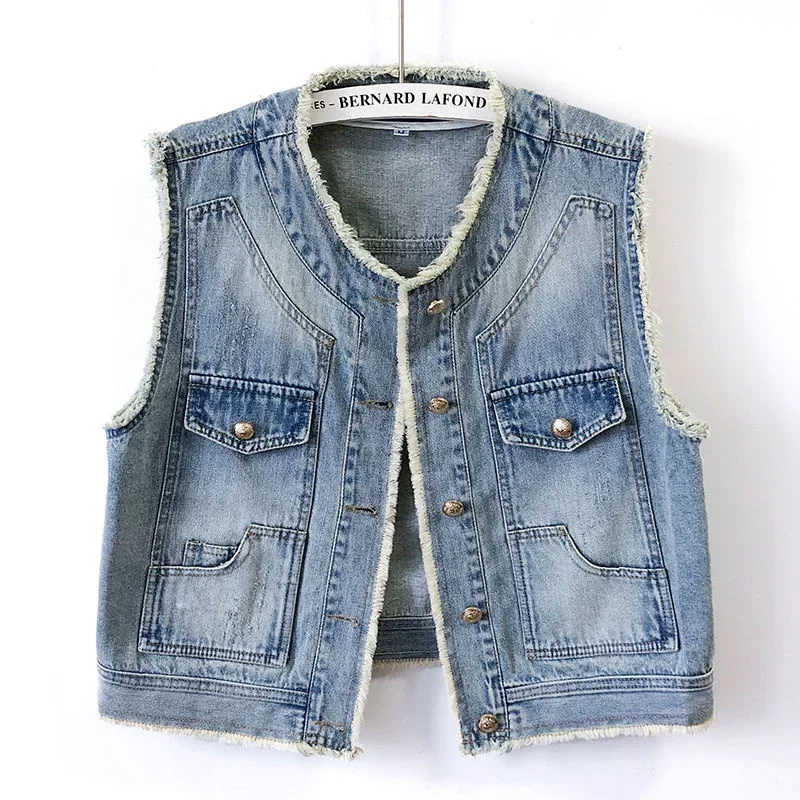 

Spring Summer New Vintage Blue Denim Vest Women Short Casual Cowboy Waistcoat O Neck Sleeveless Vests Jeans Jacket Female A403