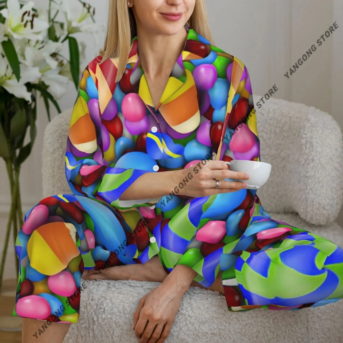 

Women's Pajamas Long-sleeved Girl Loungewear Two-piece Set Sweet Candies With Lollipop And Candy Corn Pajamas for Autumn Spring