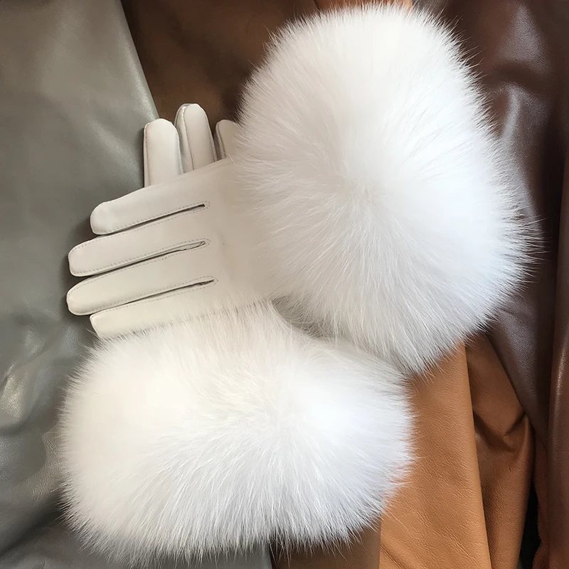 Real Sheepskin Fox Fur Gloves Women\'s Genuine Leather Glove Winter Warm Fashion Style Natural Fluffy Fox Fur Oversized Customize