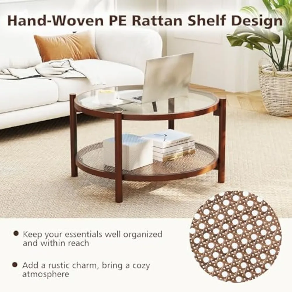 Mesa de centro de ratán estilo Boho con estructura de madera maciza, tapa de vidrio templado y estante de almacenamiento de ratán PE