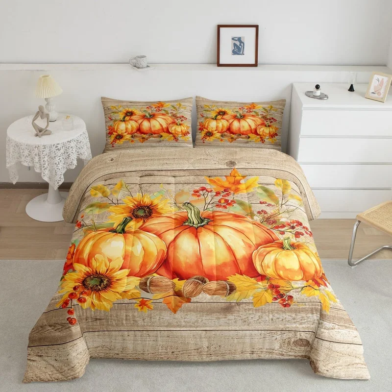 

Happy Thanksgiving Autumn Harvest Farm Leaves with Pumpkin Bedding Set, Boys, Girls, Teenagers, Adults