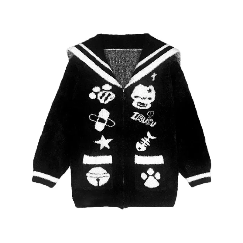 

Вязаный кардиган с принтом, женский японский Kawaii трикотаж на молнии, зимние свободные джемперы, свитер с матросским воротником, верхняя одежда