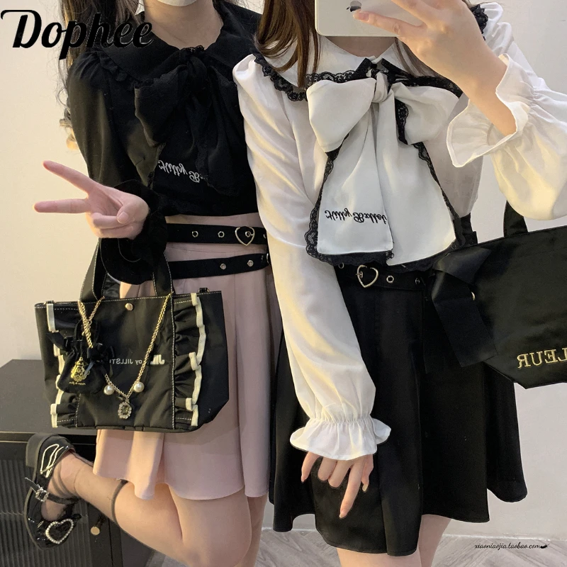 

Dophee Original Landmine System Long Sleeve Female Blouses Cute Lace Splicing Bow Collar Sweet Tops Japan Style Black Shirts