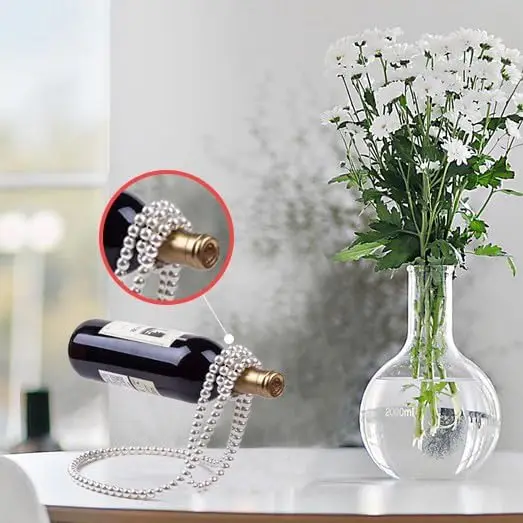 DEOUNY Artificial Pearl Necklace Floating Wine Rack Metal Wine Bottle Holder, Wine Bottle Stand for Bar and Home Decoration 6