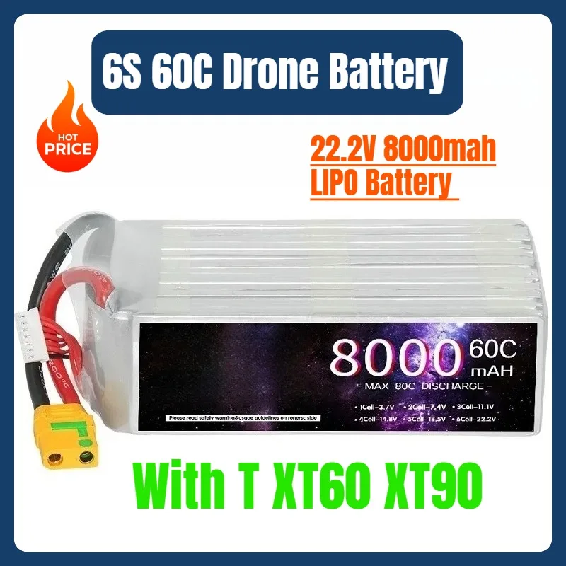 

6S 60C Drone Battery 22.2V 8000mah LIPO Battery for Drone RC FPV Helicopter Quadcopter Racing Parts with T XT60 XT90
