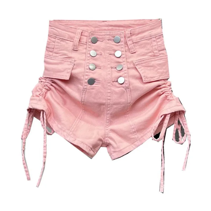 Double-Breasted High Waist Wide Leg Denim Shorts Women 2022 New Summer Fashion Side Drawstring Short Jeans Bottoms s11