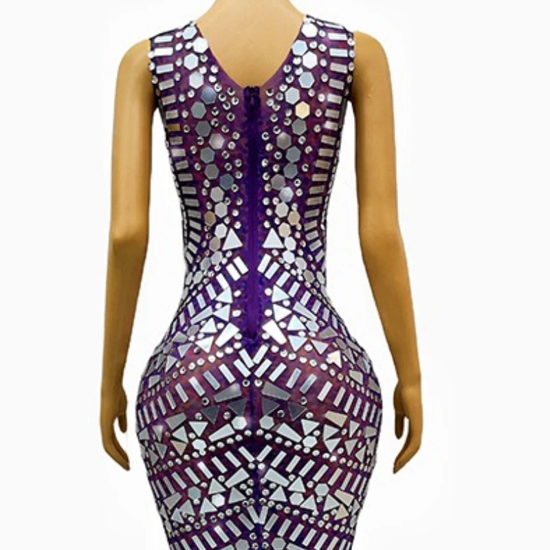เพชรวันเกิดเสื้อผ้าสีม่วงเอวไนท์คลับบาร์เพชรชุดนักร้องรุ่น Catwalk จัดเลี้ยง Vestidos Para Mujer