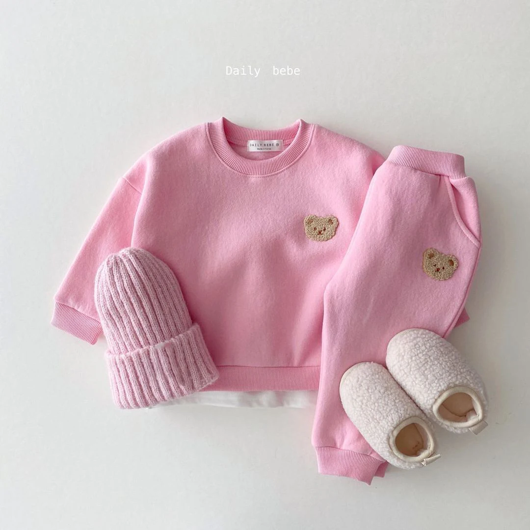 Winter Warm Velvet Newborn Set Baby Girls Clothese Little Bear Embroidery Sports Pullover Top+Pant 2Pcs Wool Lining Clothing