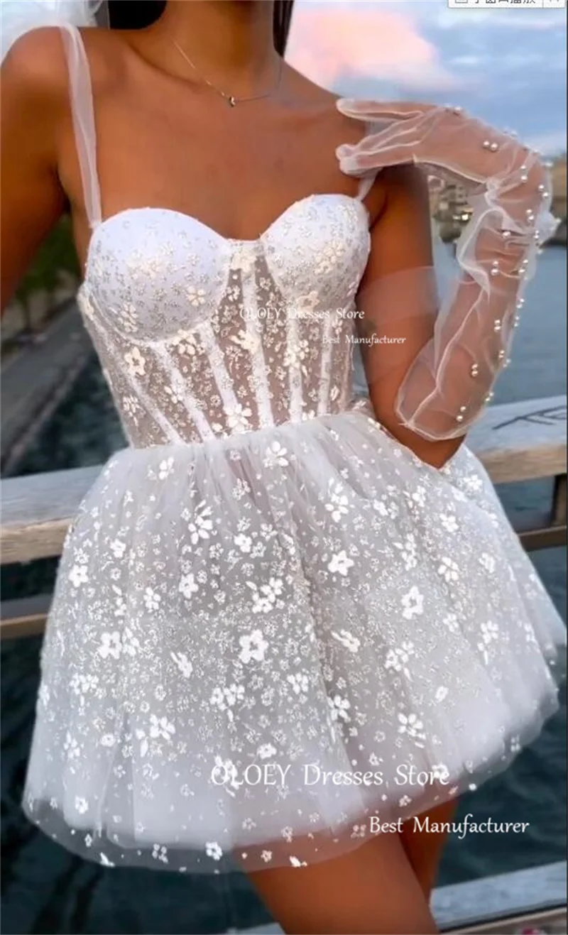 OLOEY Princess Mini Short Wedding Dresses Straps Adjustble Sweetheart Bride Dress 3D Flowers With Gloves Robe de mariage