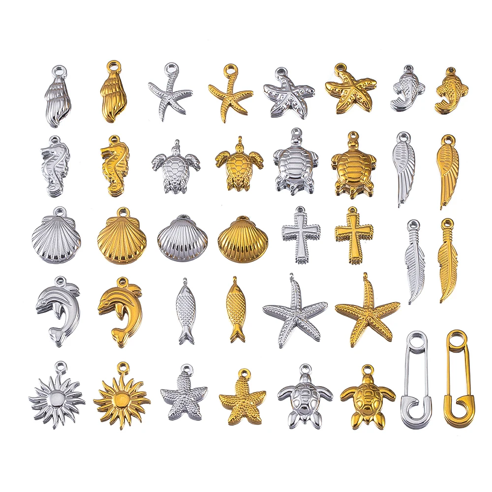 5Pcs 304 Stainless Steel Ocean Animal Charms Gold Color Steel Color Turtle Starfish DIY Bulk Jewelry Set for Bracelets Necklaces