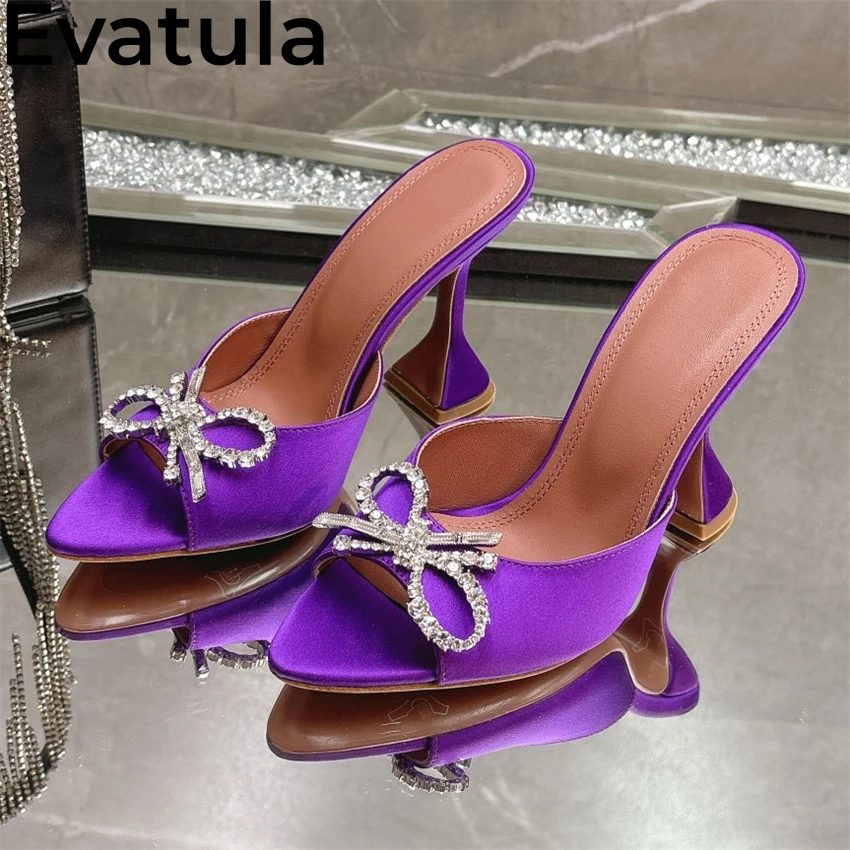 2025 verano Multicolor satén copa zapatillas de tacón alto mujeres Peep Toe Bowknot cristal mulas Sexy pasarela fiesta novias zapatos Mujer