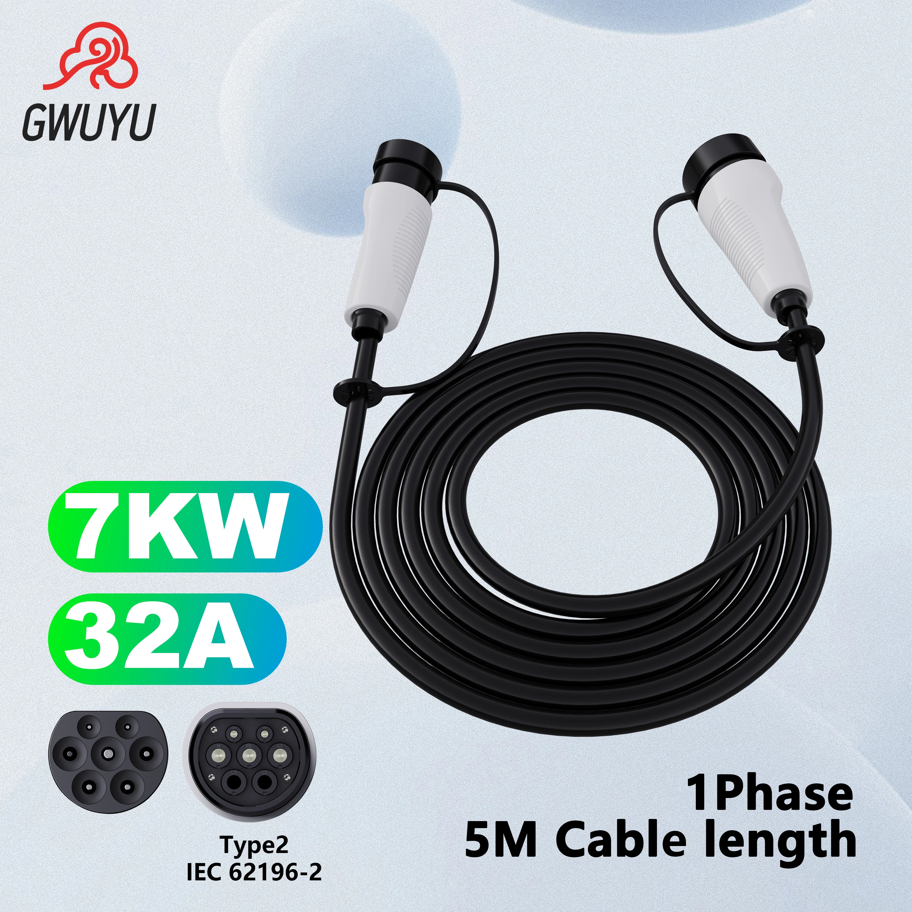 GWUYU O11 Car EV Charging Extension Cable 5M 3.5KW 7KW 11KW 22KW 16A 32A 3 Phase 250V 480V for Electric Vehicle Type 2 Charger