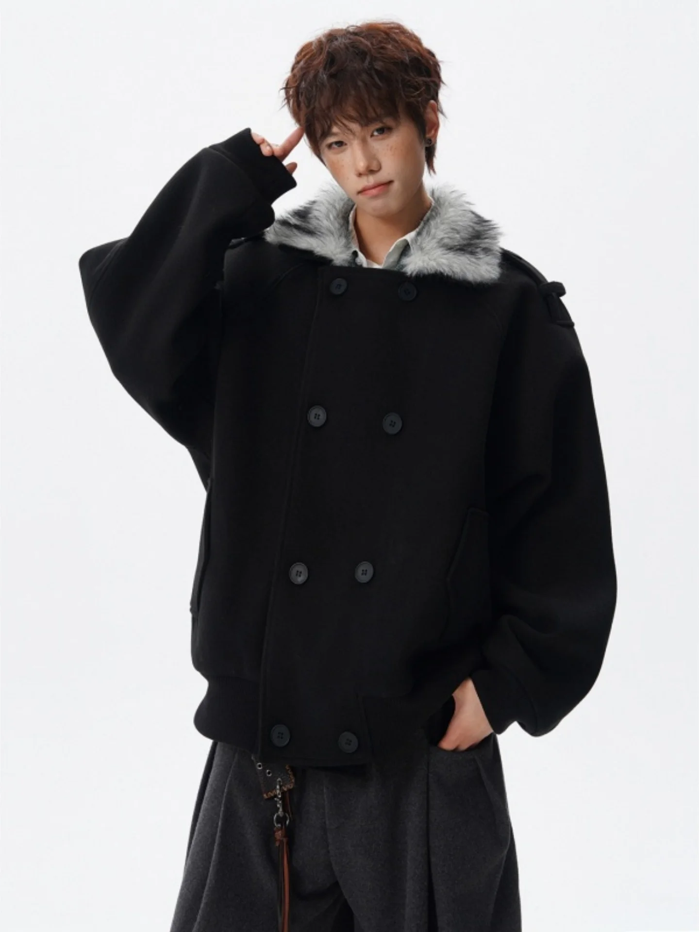 

Men's Winter Thiened ort Cotton Jaet Removable Fur Collar Woolen Coat Warm Loose Fit Long Sve Zipper Closure Casual