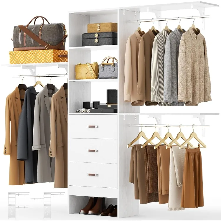 Closet System With 3 Wooden Drawers, 8FT Closet Organizer System, 96'' Walk-in Closet with 3 Hanging Rods & 3 Shelf Tower