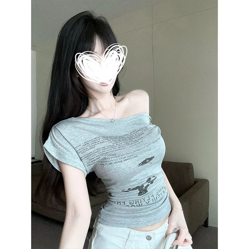 MosesQueen Slim Fit Short Sleeve T-Shirt Letter Print Diagonal Shoulder Design Sexy Girl Summer Breathable Casual Women's Top