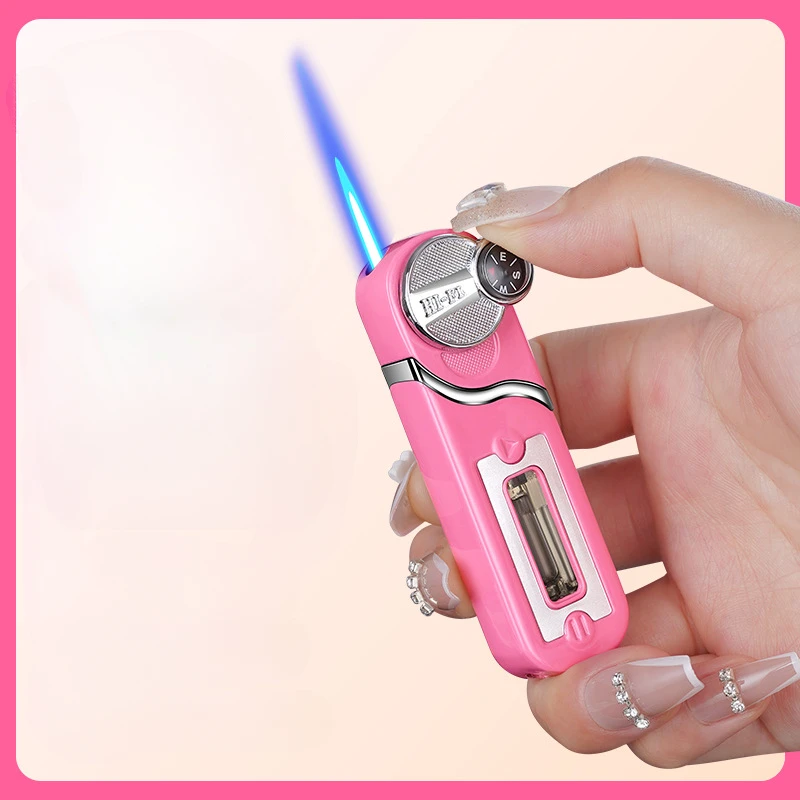 Outdoor Windproof Inflatable Compass Lighter Blue Flame Mini Portable Rocker Ignition Visible Gas Chamber Cute Lighter