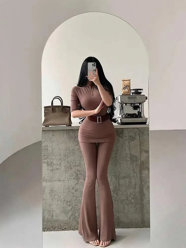 Pure Desire Style Short Sleeve T-shirt High Waist Micro Pull Casual Floor Pants Set With Belt Pants Set Fashion Women Y1Q9