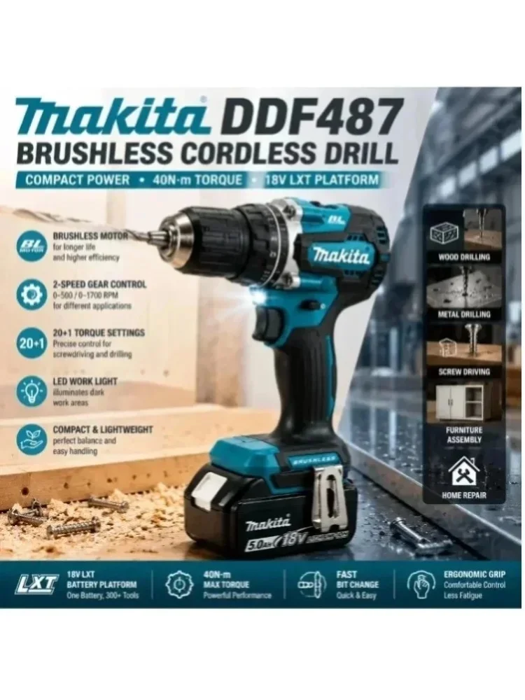 Original Makita 18V LXT Akku-Bohrschrauber DDF487 Bürstenloser Hochleistungs-Bohrschrauber + BL1860B BL1840 Akku-Set Professionelles Werkzeug EU Schnelle Lieferung