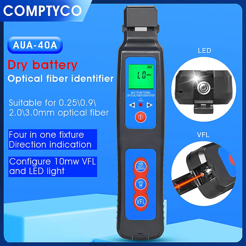 

COMPTYCO AUA-40A/40D Идентификатор оптического волокна (встроенное светодиодное освещение и 10 МВт VFL) Детектор идентификатора живого волокна Тестер оптоволокна
