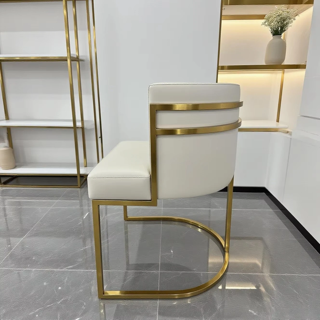Modern white cream leather nail salon chair, gold metal, stylish office chair for customers waiting and technicians