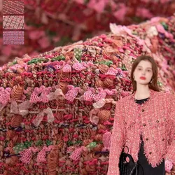 2024 New Retro Style Pink Color Ribbon Tweed Fabric For Women Autumn Coat Skirt Jacket Yarn-Dyed Handbag DIY Cloth Sewing