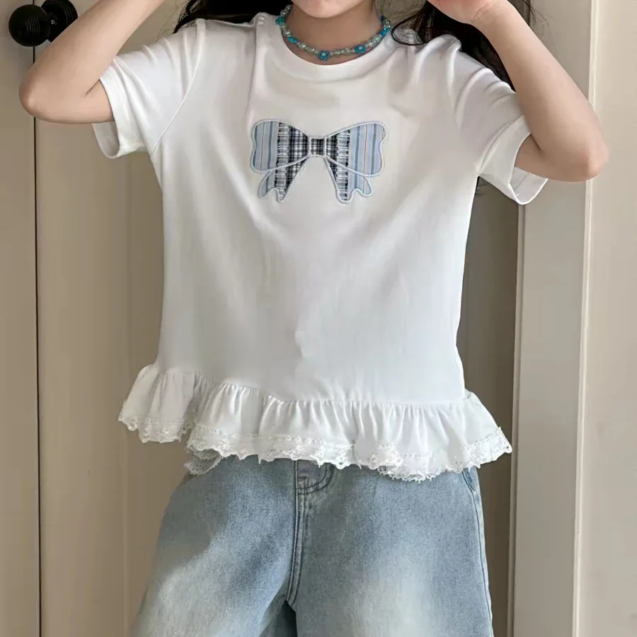 Girls Summer Clothes Short Sleeved T Shirt Babys Personality Korean Version Lace and Lace Bow Embroidery Top