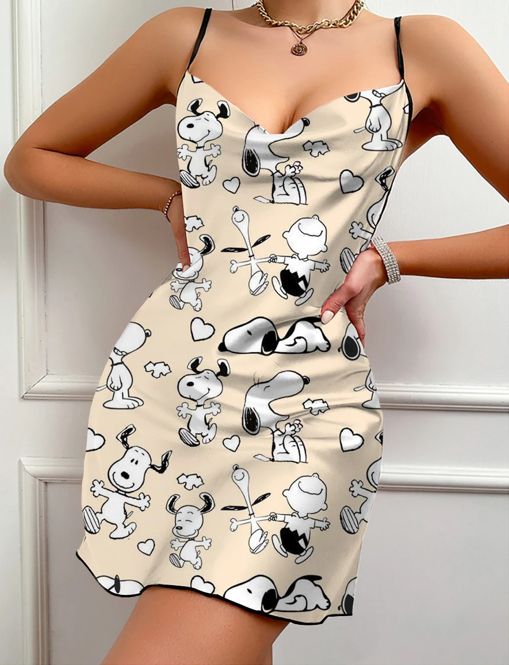 Snoopy Cartoon Print Hosenträger V-Ausschnitt sexy Schmetterling Spitze rücken frei Pyjama Kleid Damen Sommer einfache Pyjamas