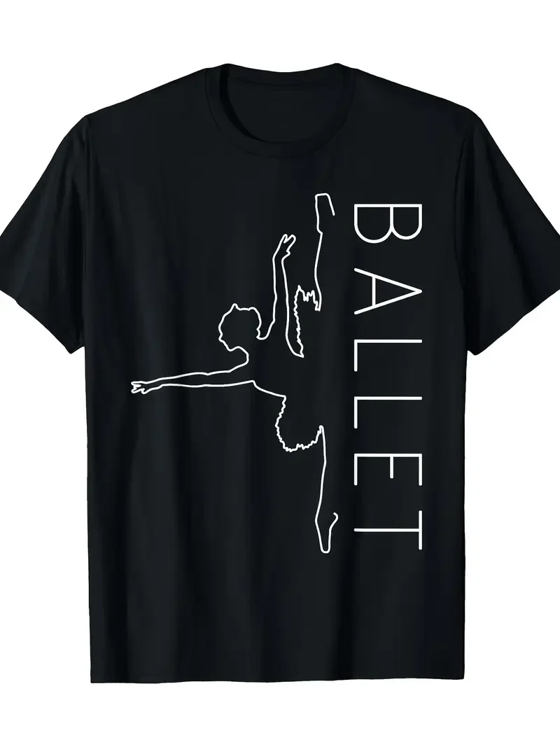 เสื้อยืดคอกลมแขนสั้นลายกราฟิกธีมบัลเลต์สำหรับผู้หญิง ดีไซน์นักเต้นบัลเลต์