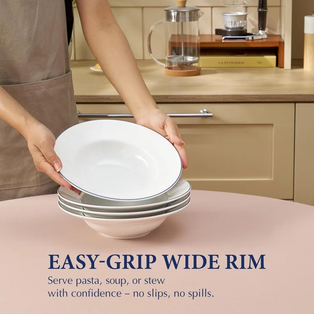 Conjunto de 6 tigelas de macarrão de porcelana branca – ideais para sopa e saladas rasas, além de 9 tigelas de jantar com borda azul para servir, adequadas