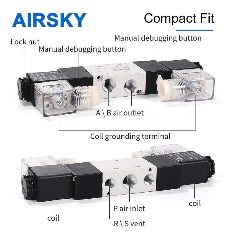 4V220-08 Pneumatic Solenoid Valve 5 Way 2 Position 1/4 Inch Thread Electric Air Control Magnetic Valve DC12V DC24V AC110V AC220V