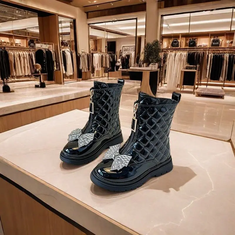 

Kids Girls Autumn Winter Soft Sole Leather Short Boots with Butterfly Bow Elegant Comfortable Design Shoes for School