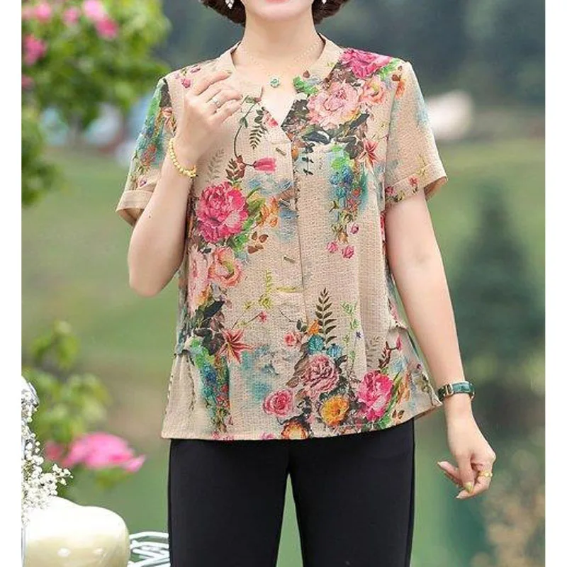 Elegante Floral Imprimir Decote Em V T-shirt das mulheres Moda Feminina Roupas Verão All-match Vintage Emendado Manga Curta Pullovers Tops