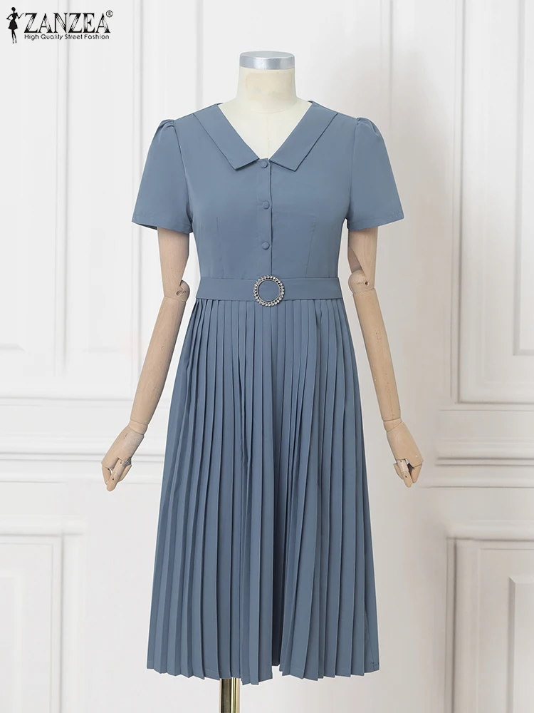 ZANZEA Sommer Elegante Frauen Party OL Kleider 2025, Kurzarm Casual Solide Plissee Mode Robe Midi Büro Dame Arbeit Vestidos