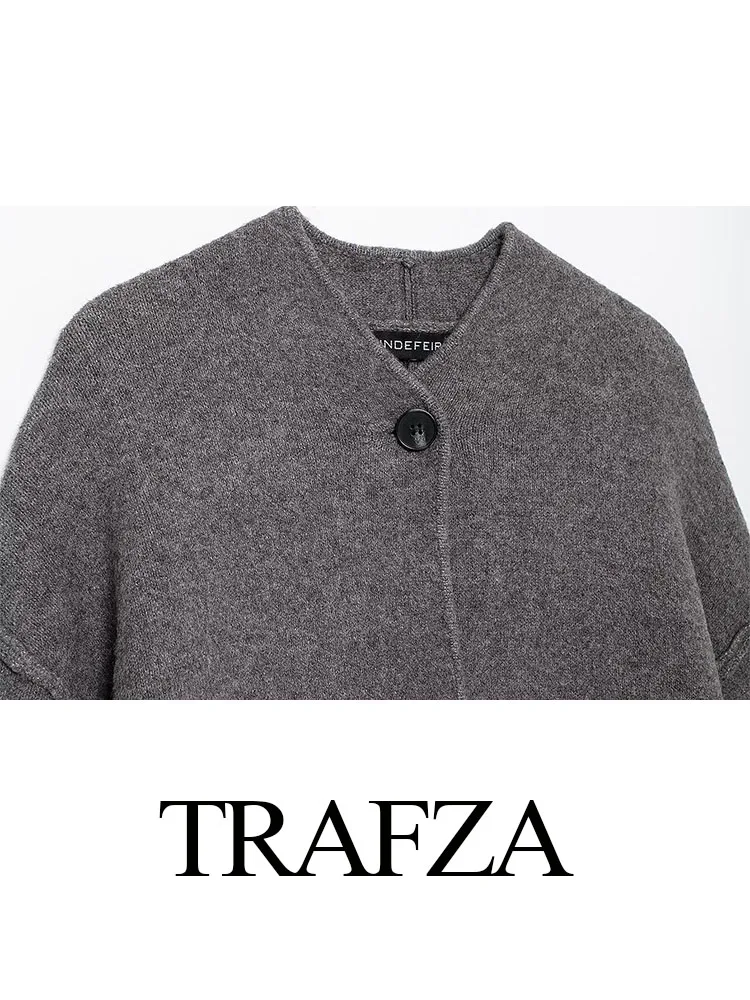 TRAFZA Autumn Fashion Woman Sweater Tops Grey V-Neck Long Sleeves Pockets Single Breasted Cardigans Female Casual Loose Coats