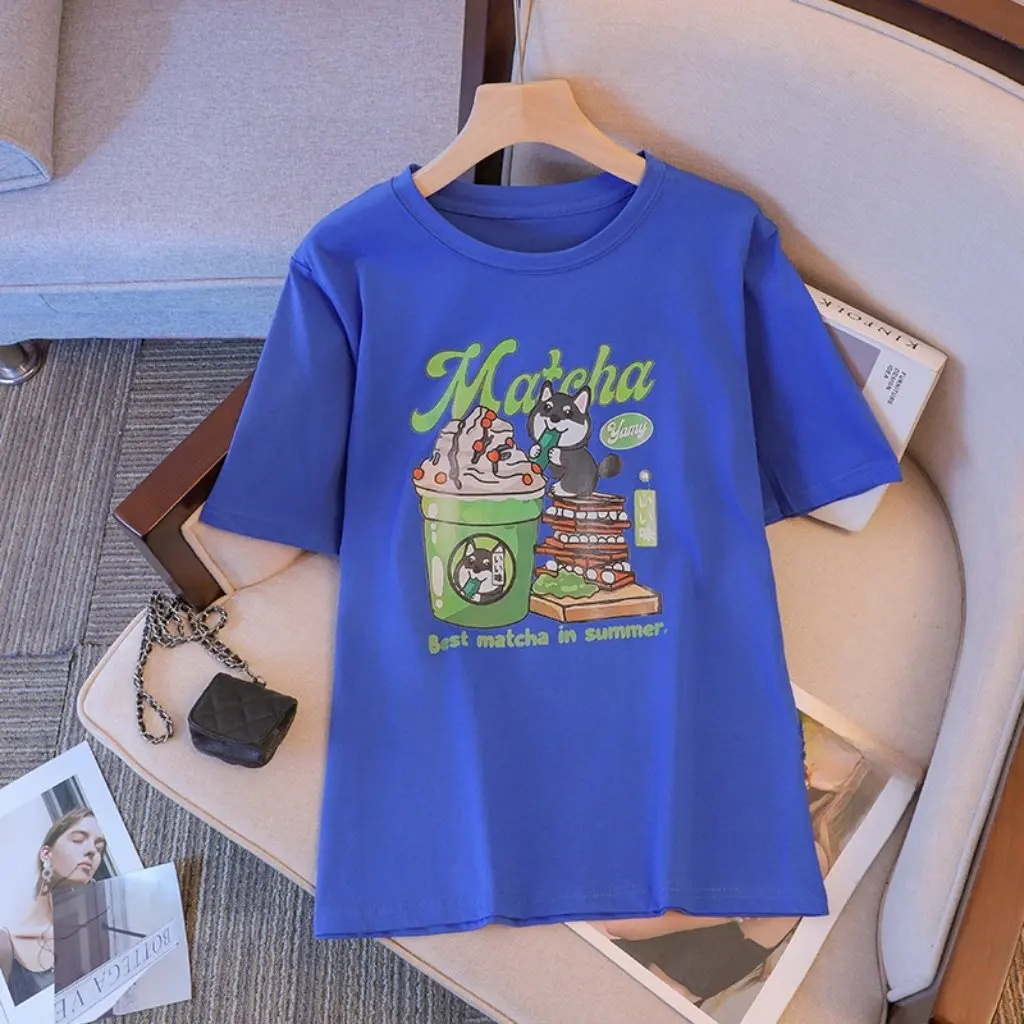 

Новая летняя женская свободная футболка с круглым вырезом и короткими рукавами с принтом, большие размеры 300 кг, толстое пальто мм, модное пальто больших размеров