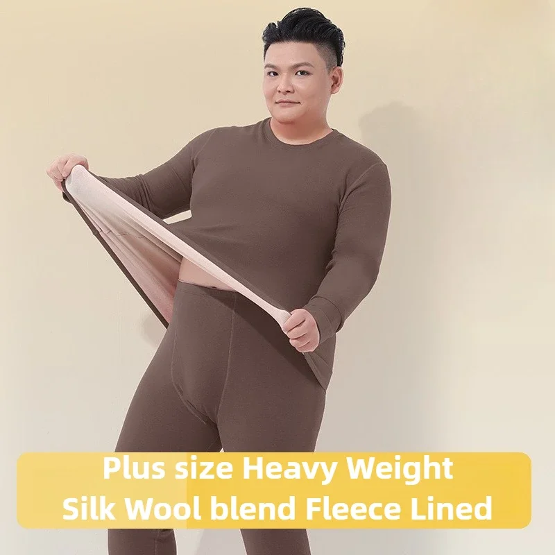 Mens Thermal Underwear Set Acrylic Mulberry Silk Wool Blend Fleece Lined Base Layers Plus Size Winter Wear for Men