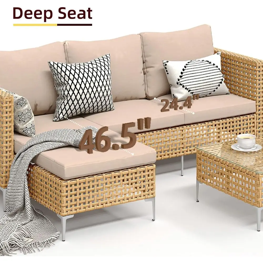Small L-Shaped Patio urniture Set - Weather Resistant Wicker Sectional Chaise Soa with Thick Cushions & Tempered Glass Coee Tabl