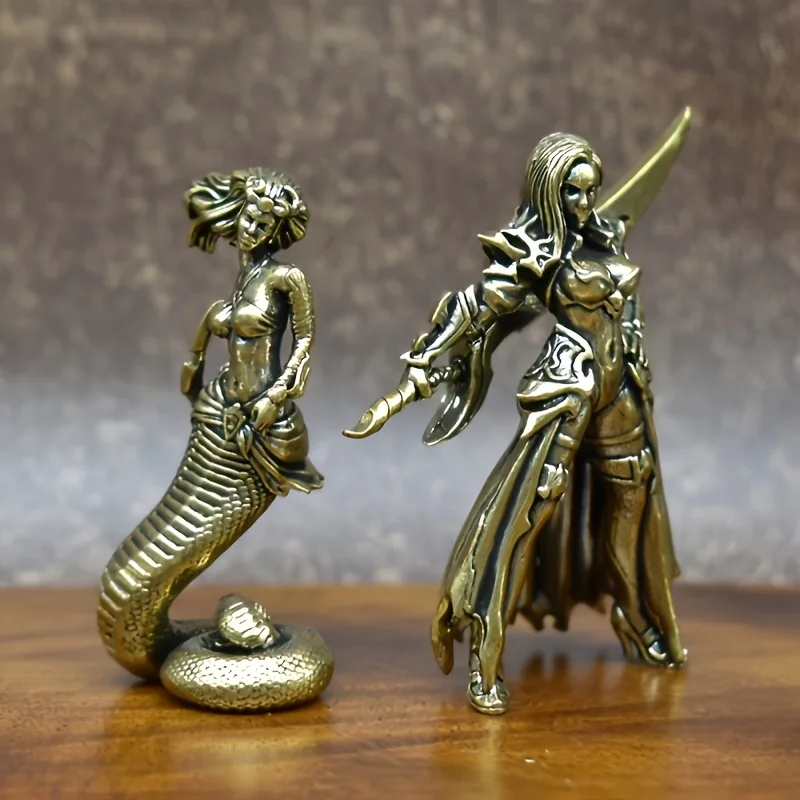2 Piece Vintage Bronze Snake Warrior Statues - Small female warrior statues suitable for various room types