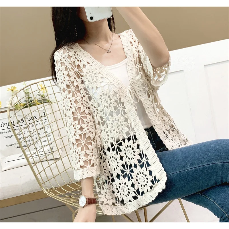 2024 New Spring And Summer Popular Knitted Sweater Cardigan Female Thin Hollow Lace Shirt Outer Sun Protection Shawl