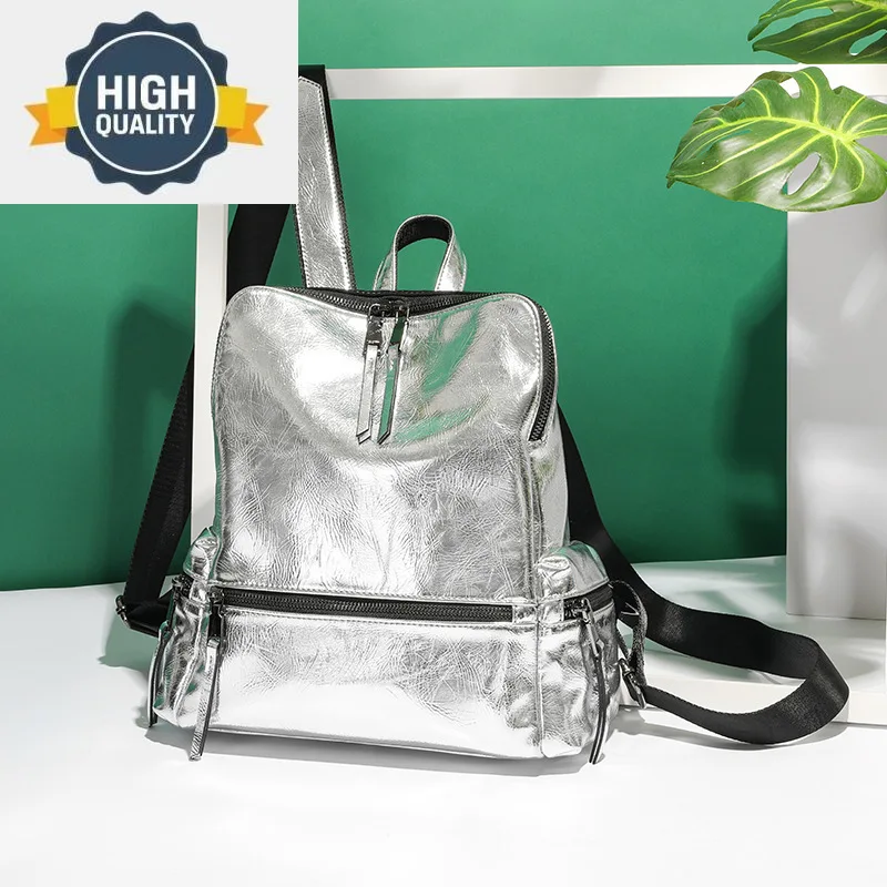 

Backpacks Leather Women Silver Travel Bags for Fashion School Bag Korean Female Bagpack Luxury Packsack