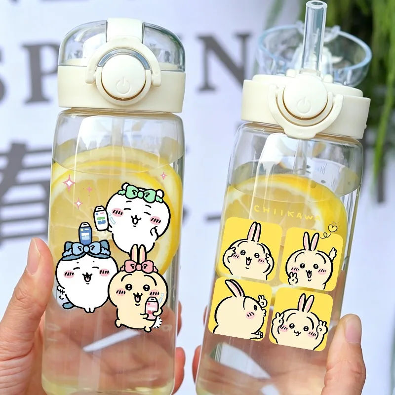 Chiikawas 400ml Water Bottle with Straw Cartoon Anime Pattern Printed Sports Bottles Unisex Outdoor Portable Glass Cups Gifts