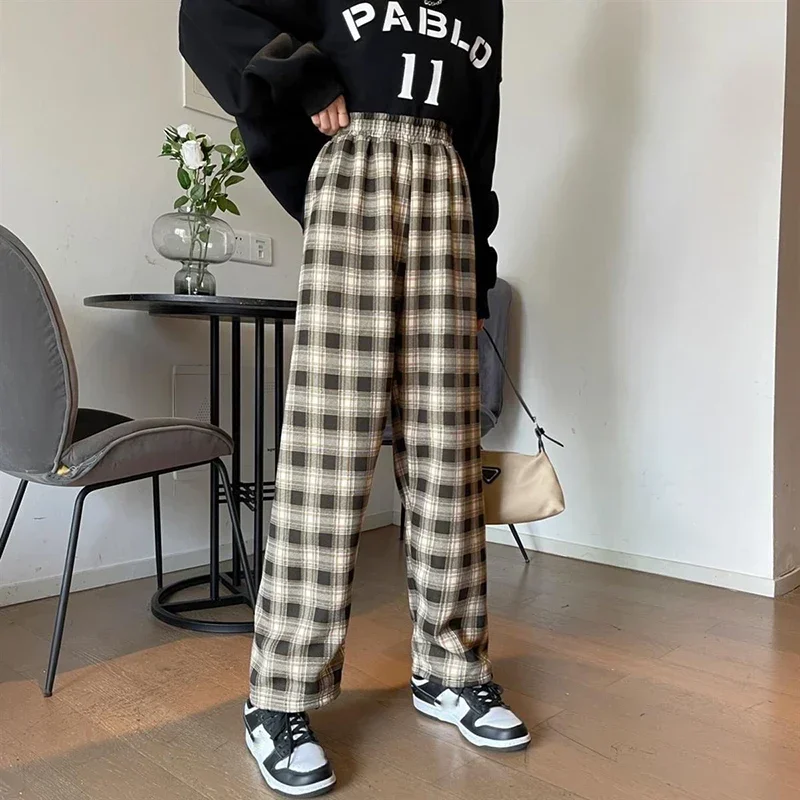 JMPRS Winter Thick Plaid Pants Women Korean Fashion Warm Loose Wide Leg Trousers Student Y2K Causal High Waist Pants Outwear