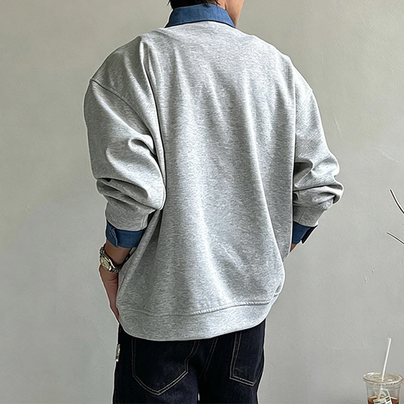 Daily Leisure Patchwork Shirt Tops Mens Fall Double-layerd Zipper Pullover Men Retro Fake Two Piece Long Sleeve Sweatshirts