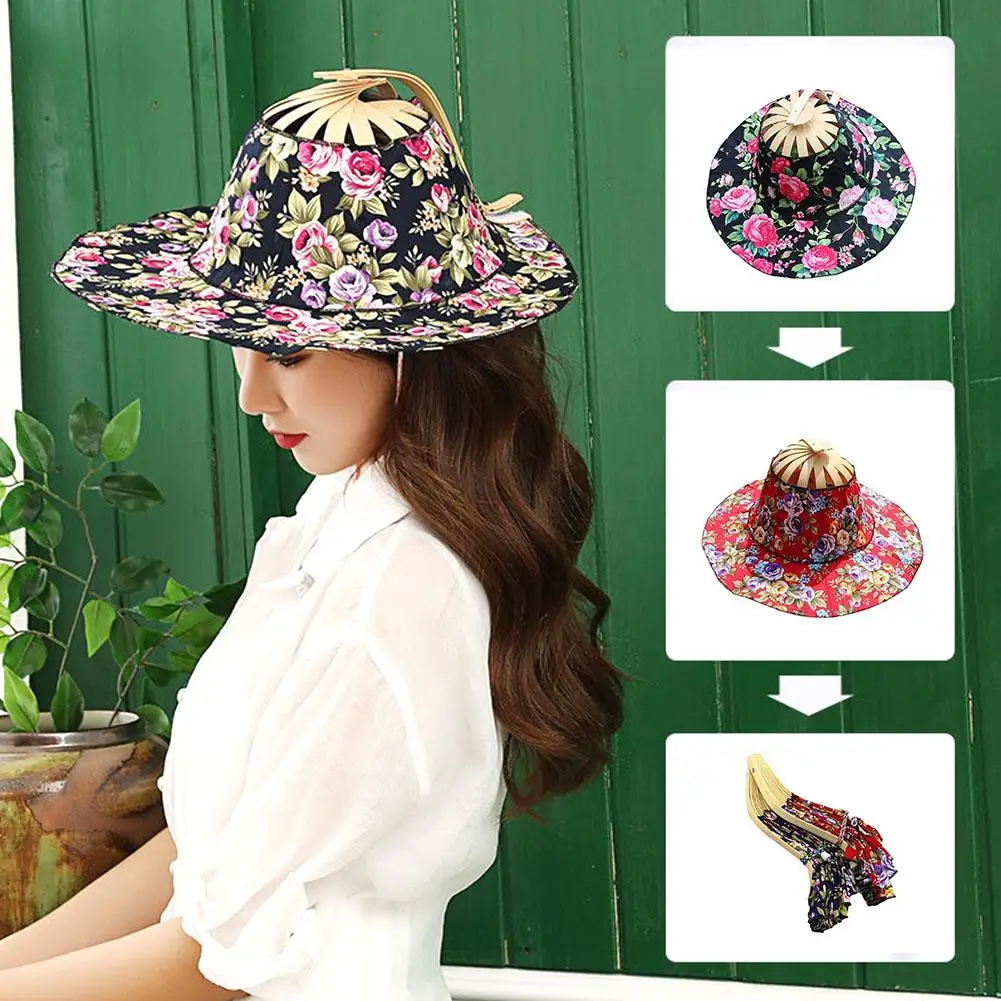 Women Bamboo Foldable Hand Fan Sun Hat Portable Chinese Style Bamboo Frame Floral Printed Hand Fan Sunhat Hat For Travel Be U5N0