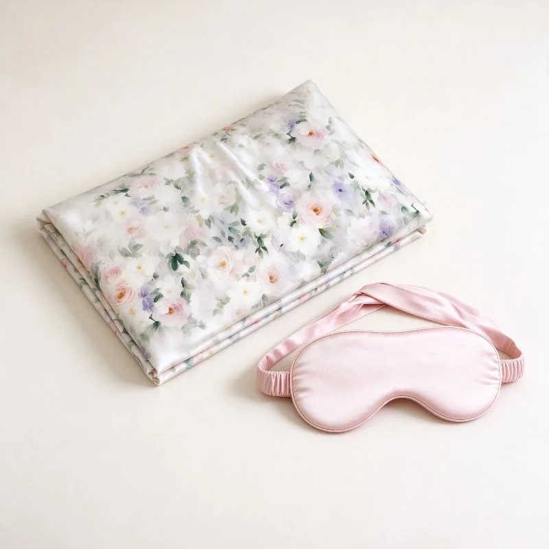 Silk Pillowcase Eye Mask Set 40 Momme Print Pillowcase 22 Momme Sleep Mask Floral Soft Pillow Cases Sleeping Set Gift for Women