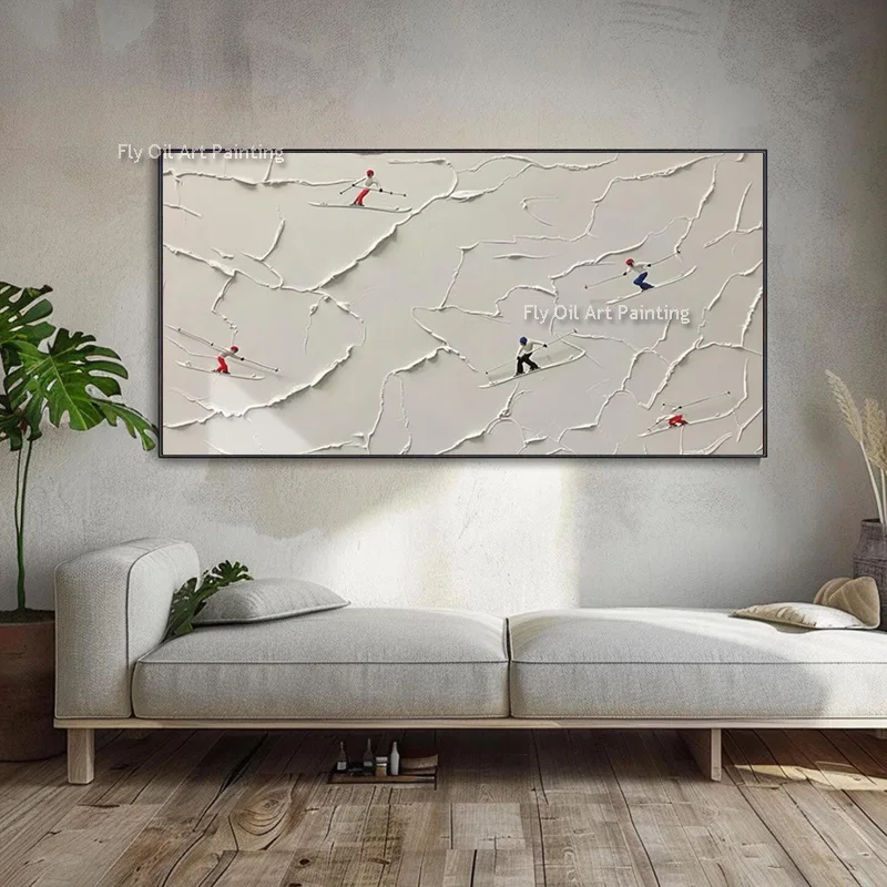 Simple Design Handpainted White Art Snow Mountains Thick Oil Painting Abstract Mountain People Skiing Canvas Artwork Wall Decor