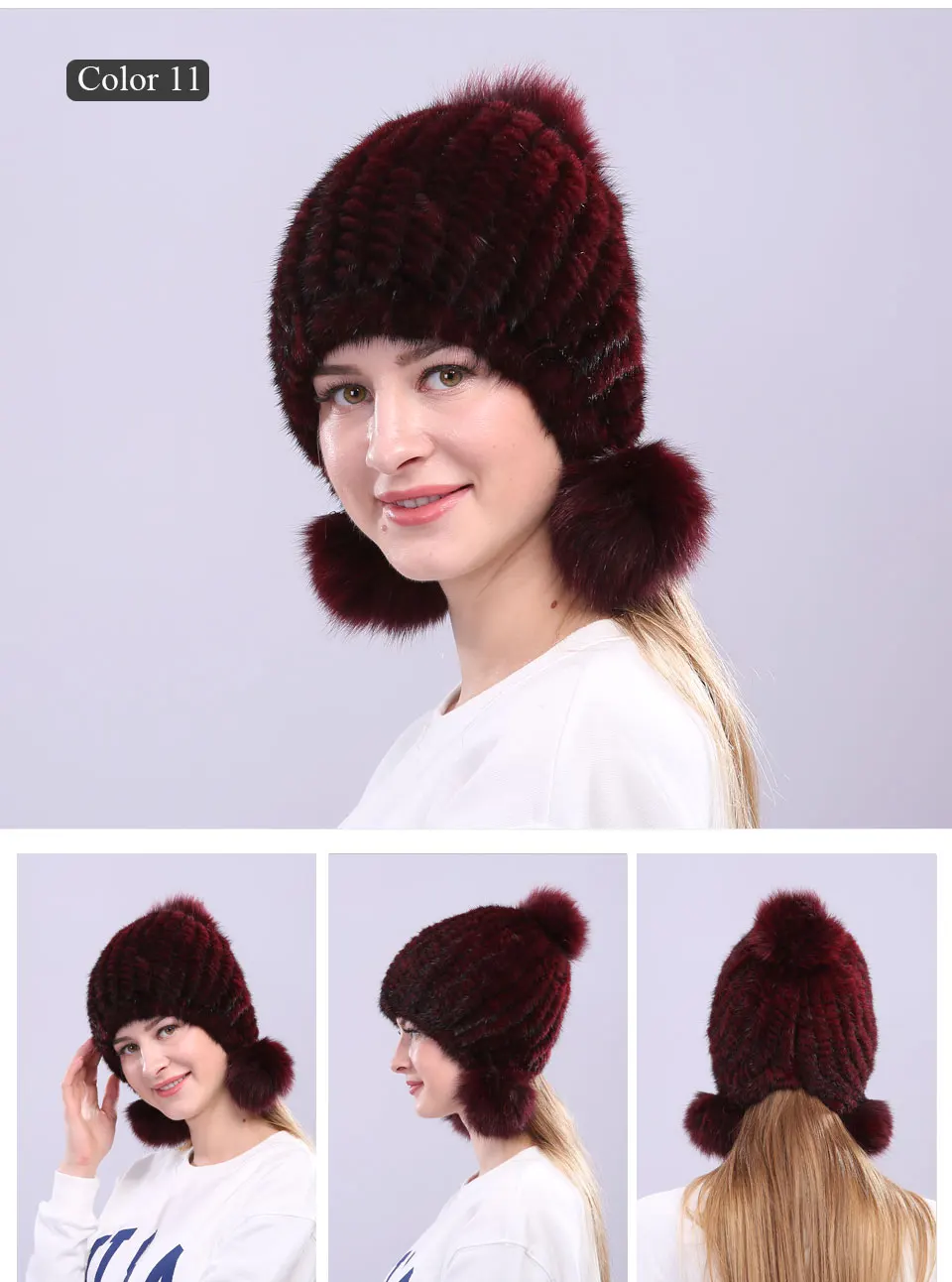 Echte Nerz Pelzmütze mit Fuchspelz Ball Ohrenschützer Schutzkappe Wintermütze für Frauen Russische Trapper Herbstmütze Beanie Herbstmütze – Detail 14
