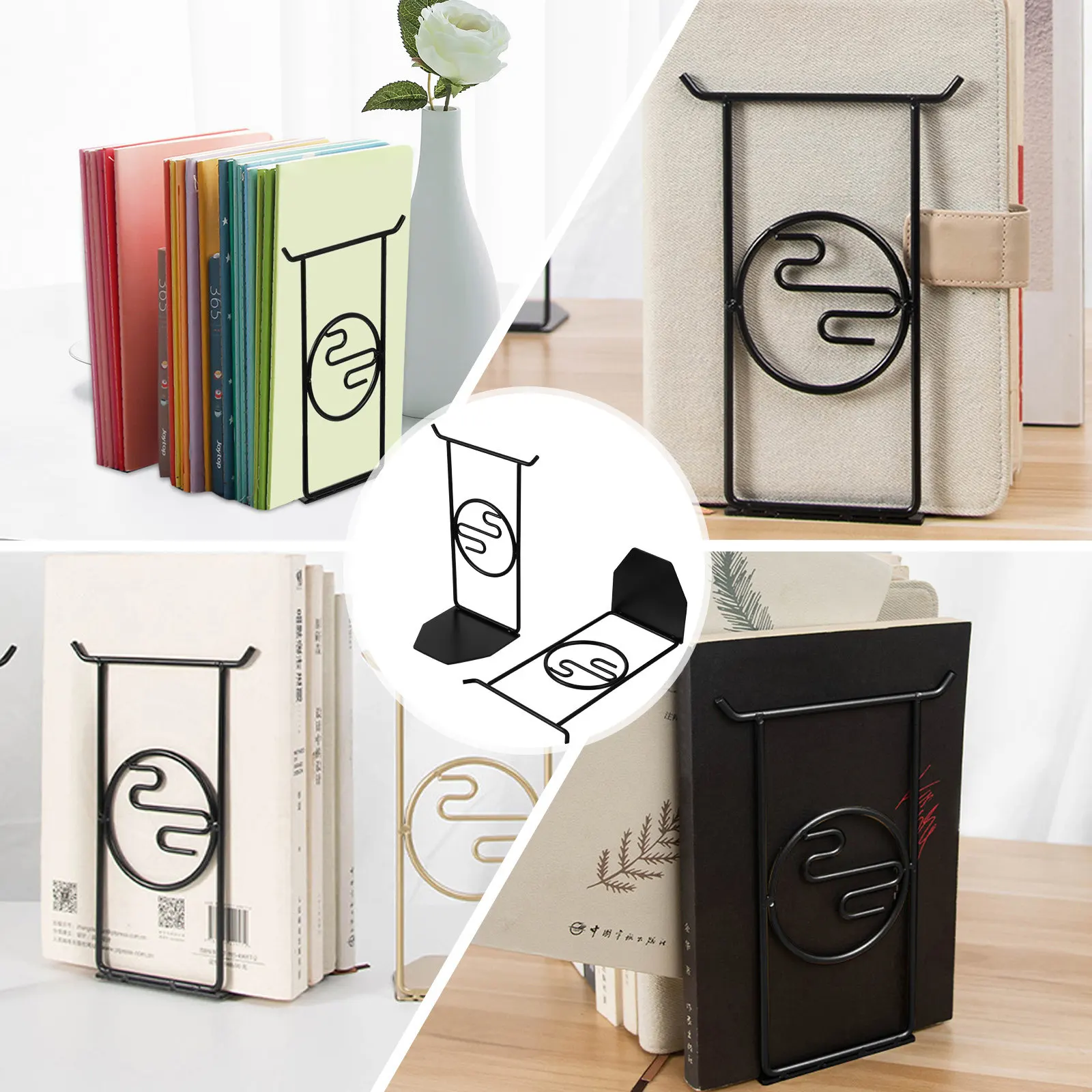 1Pair Strong Metal Bookends Design Heavy Duty Book End with Non Slip Base Book Organizer for Office Classroom
